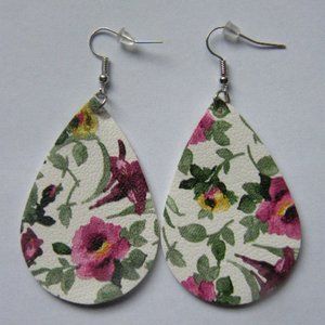 Pink Floral Teardrop Earrings Faux Leather